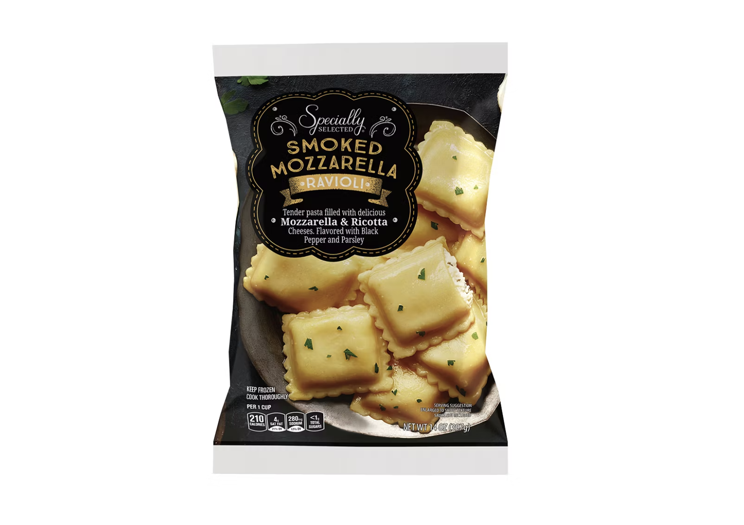 Package of smoked mozzarella ravioli from Specially Selected brand featuring ravioli on the front with garnish
