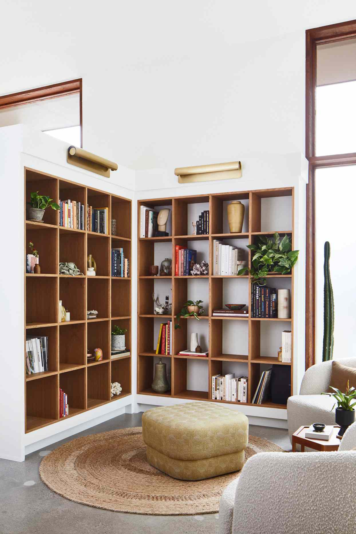wooden l-shaped floating library wall