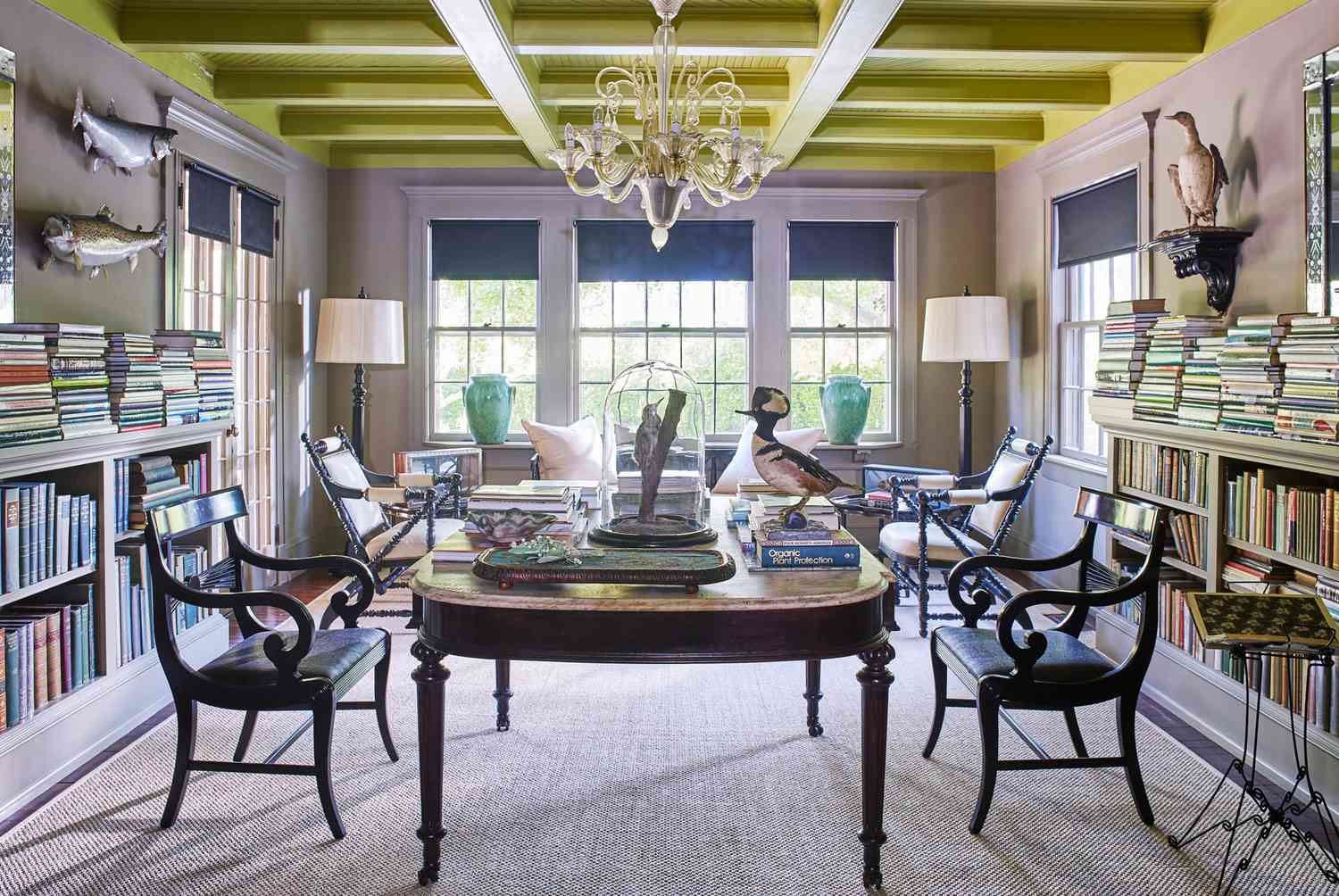 library with taxidermy fish and birds