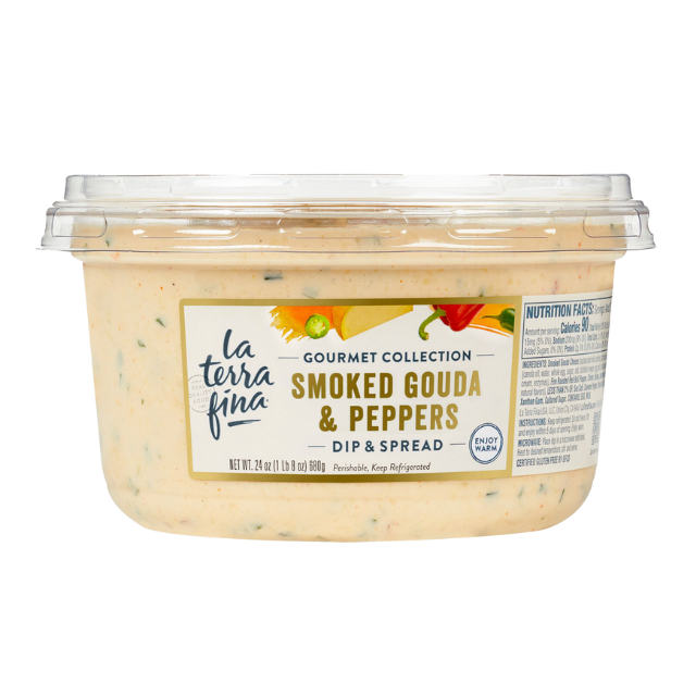 Container of La Terra Fina smoked gouda and peppers dip and spread with label visible