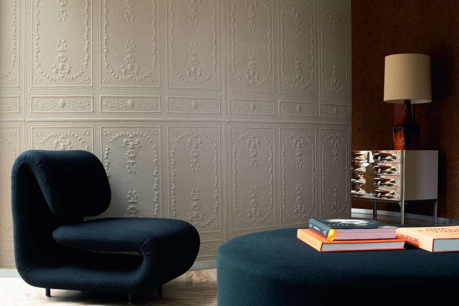 A room with a black chair