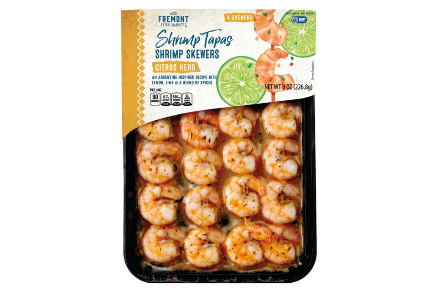 Packaged shrimp skewers labeled as citrus herb flavor