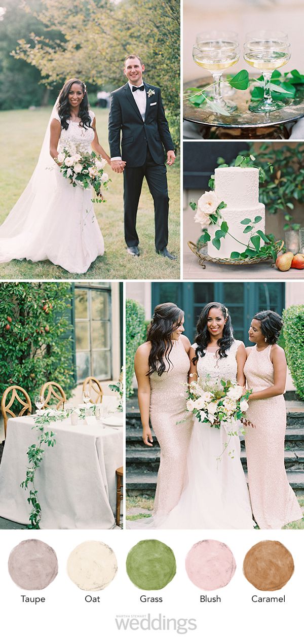 wedding color palette mood board green, blush and caramel