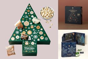 Various advent calendars in different designs including one shaped as a tree with treats such as popcorn and confections