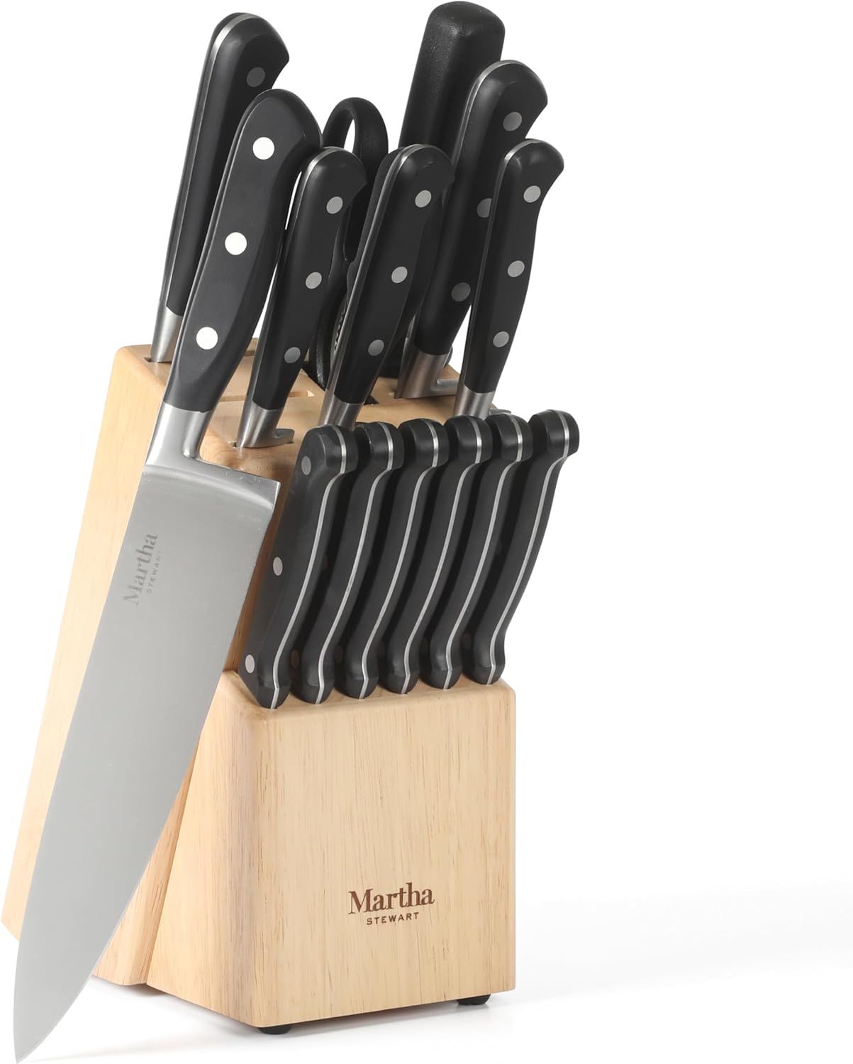 A wooden knife block set with various knives The brand name on the block is decorvow