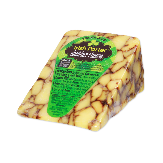 A package of Irish Porter cheddar cheese with marbled appearance