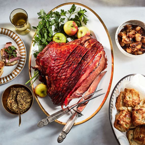 pomegranate glazed ham with jammy cipollinis