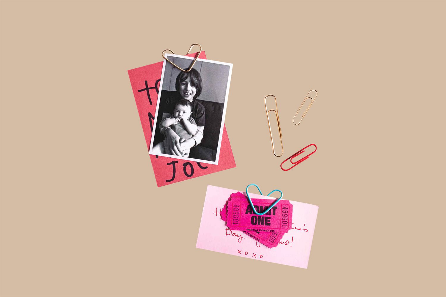 paper-clip valentines with photo, tickets and notes