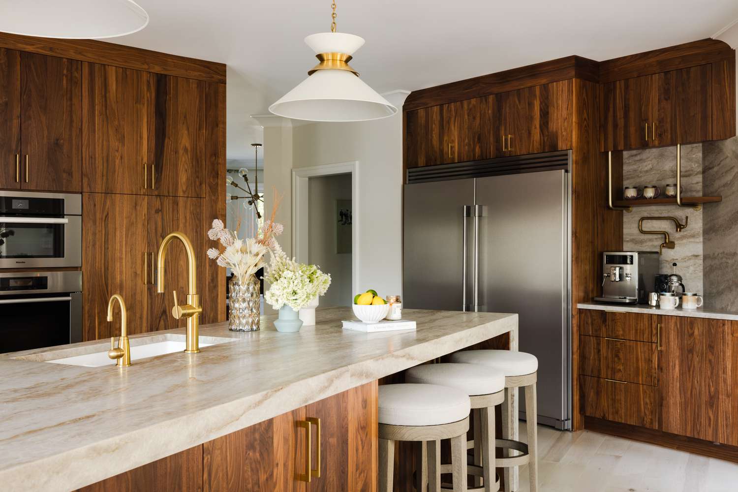 wooden island with three stools