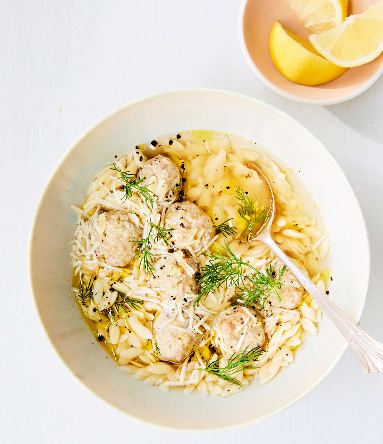 Brothy Orzo and Pork Meatballs
