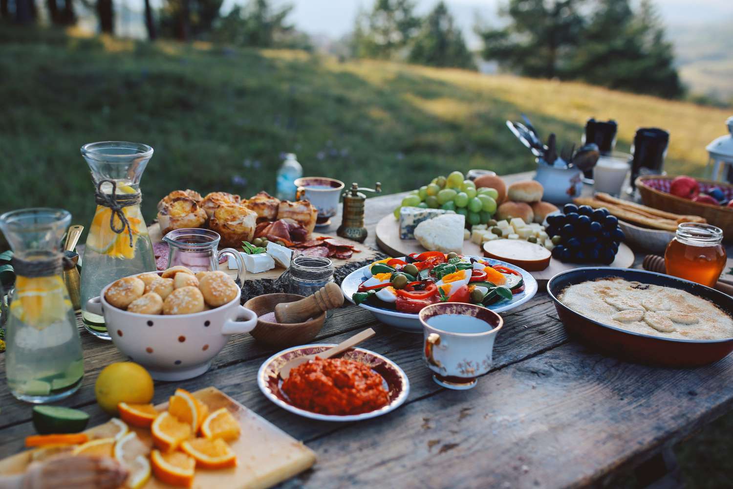 High angle image of a rustic, wooden food table