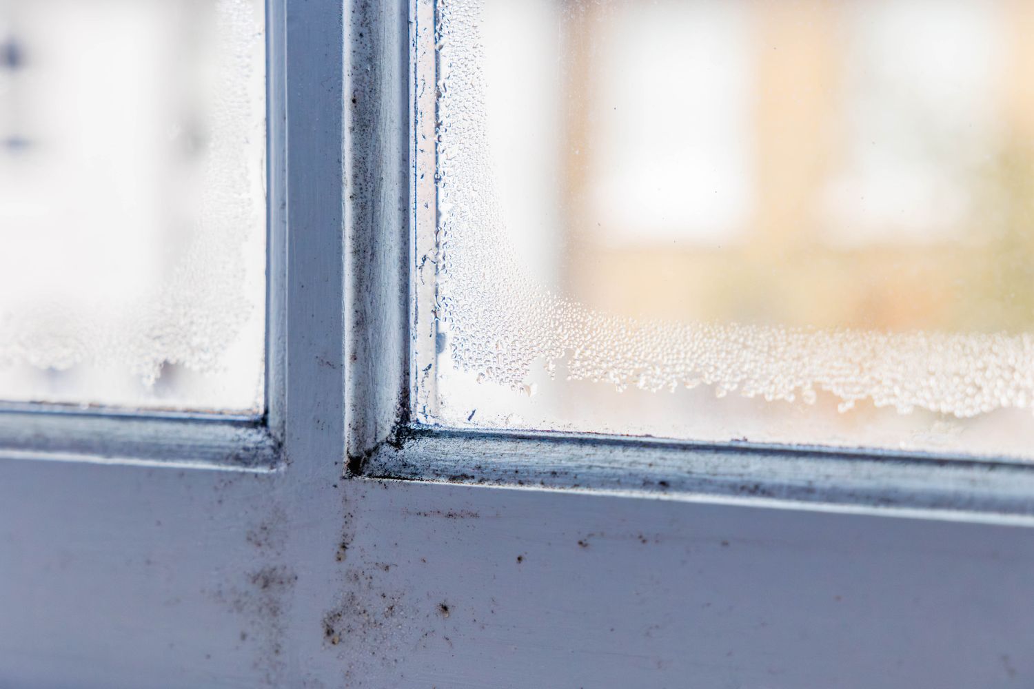 A closeup of a window with condensation and dirt on the surface blurry background visible through the glass