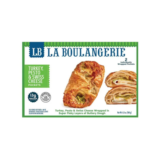 Packaging for LB La Boulangerie turkey pesto and swiss cheese pockets displaying the product with a description and nutrition information