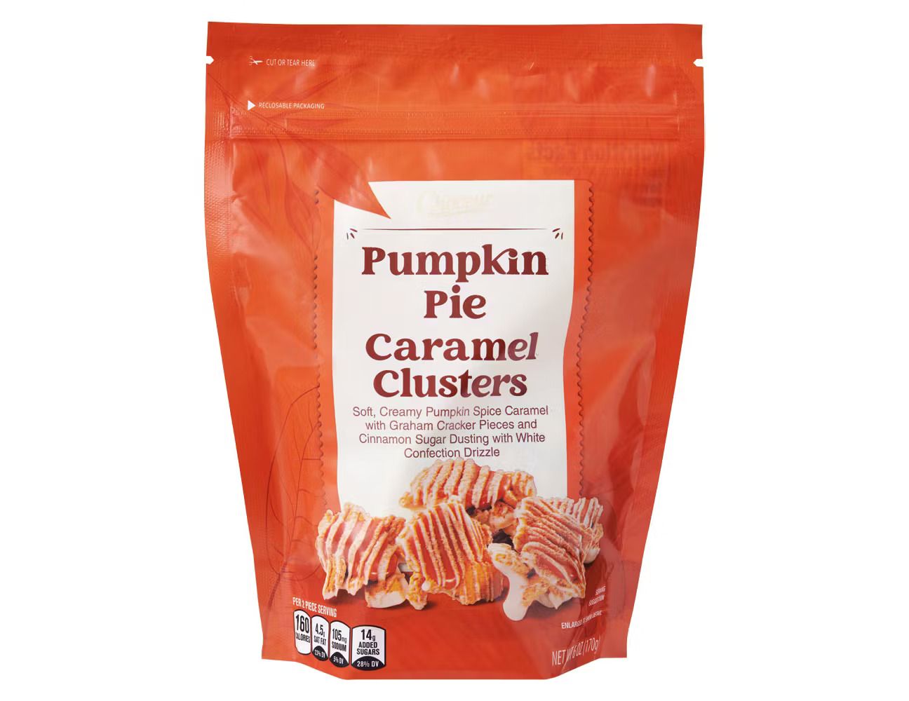 Packaging of Pumpkin Pie Caramel Clusters with product image red bag featuring snack description and illustrations