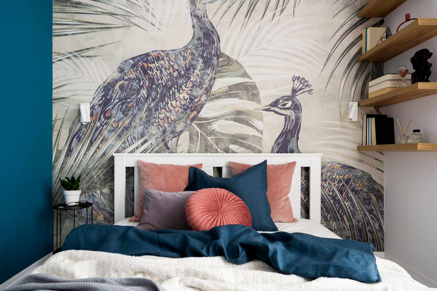 Blue bedroom with peacock wallpaper