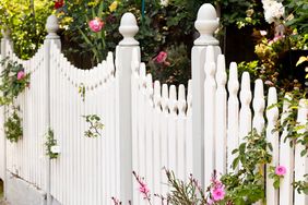 A wooden picket fence with flowers and foliage in a garden setting