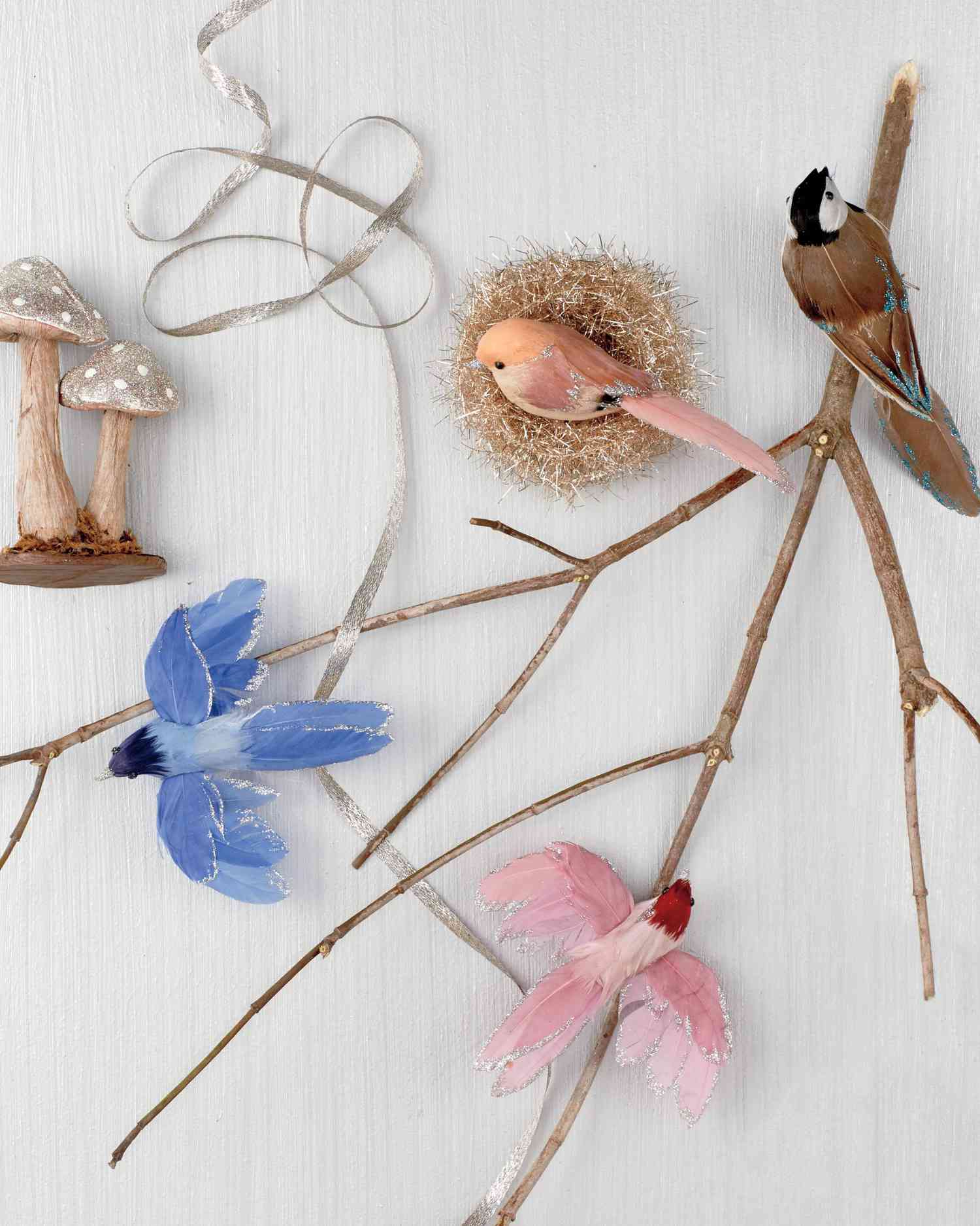 glittered birds, nests, and mushrooms
