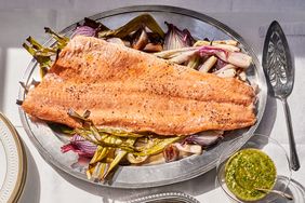 Roasted salmon with mint-caper pesto