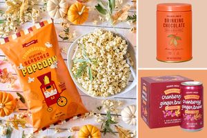 Thanksgivinginspired food items including seasoned popcorn drinking chocolate and cranberry ginger brew