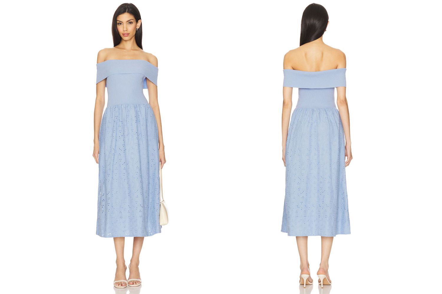 Model wearing an offshoulder midi dress shown from front and back angles