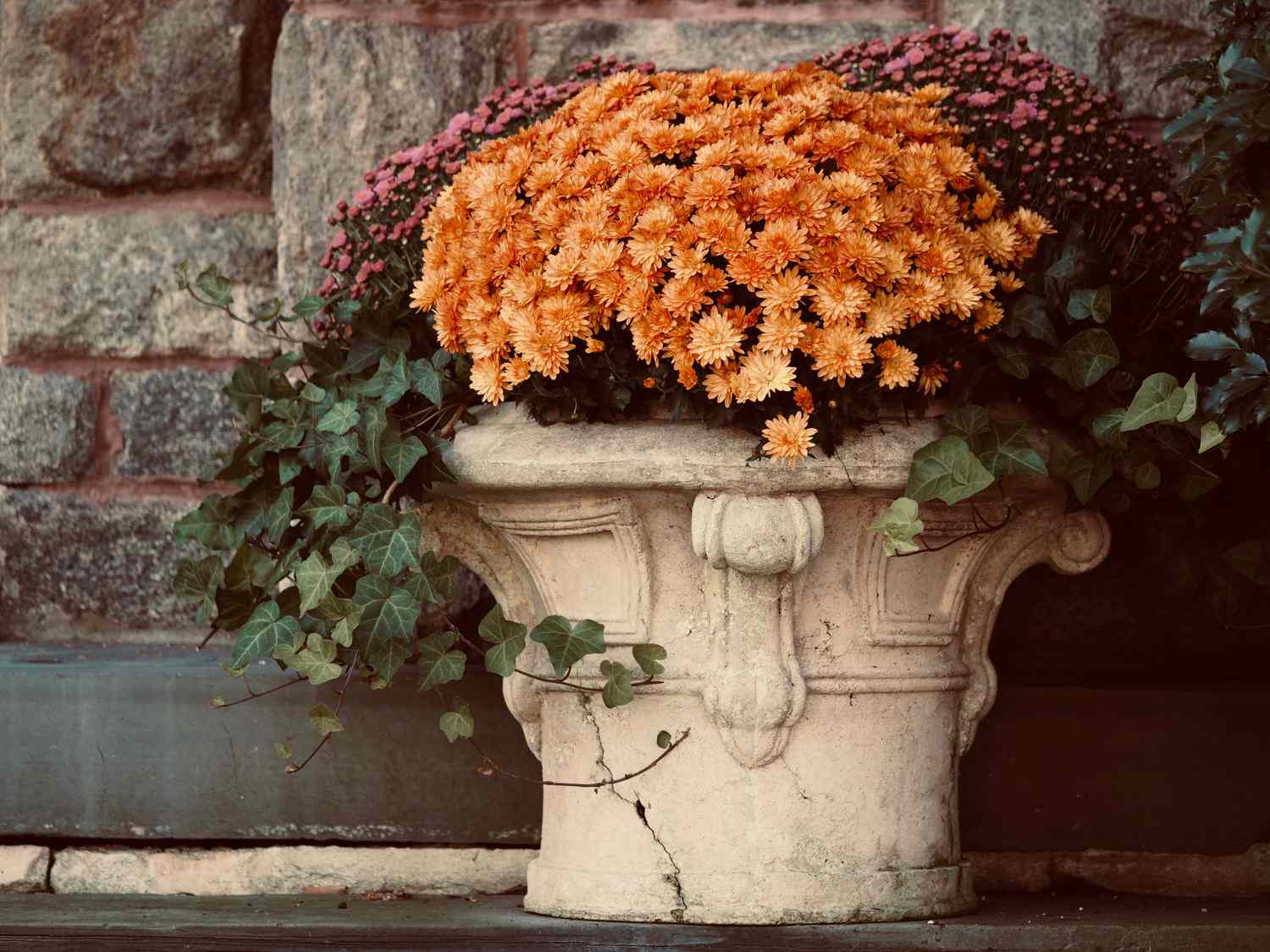 A stone pot with blooming flowers displayed outdoors on a ledge rustic background of stone wall visible