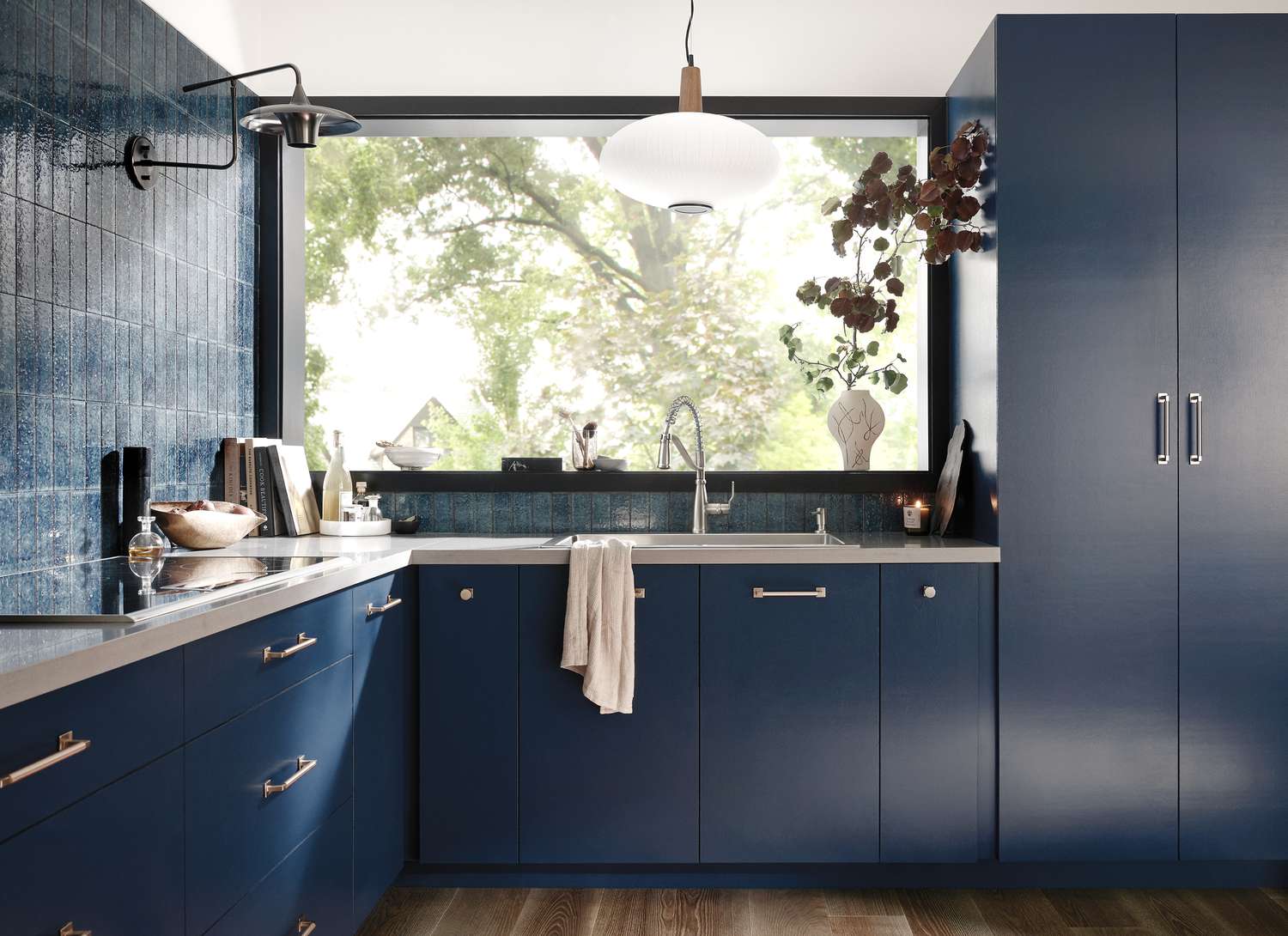 deep blue minimal kitchen with window