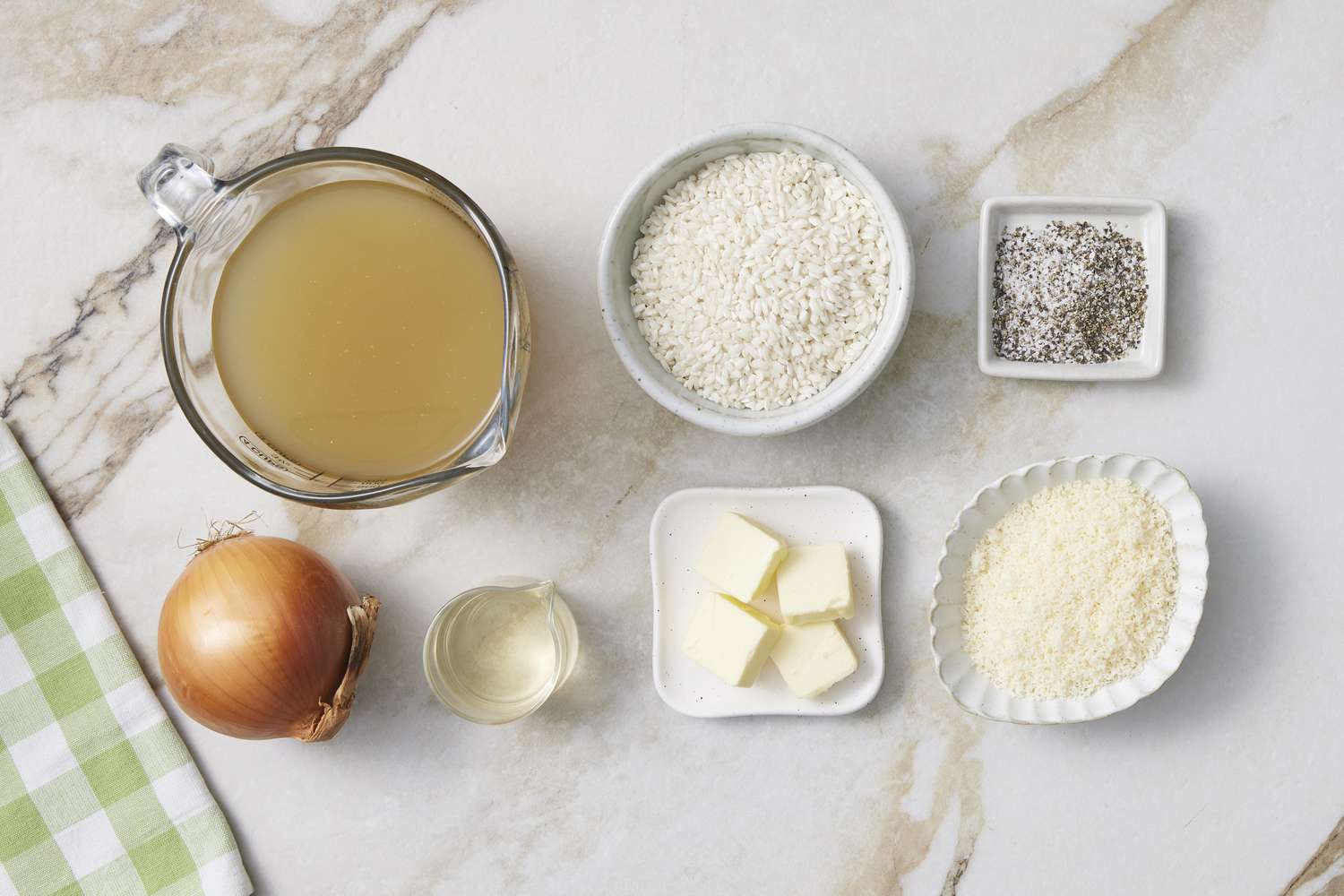 Butter, broth, cheese, rice, onion