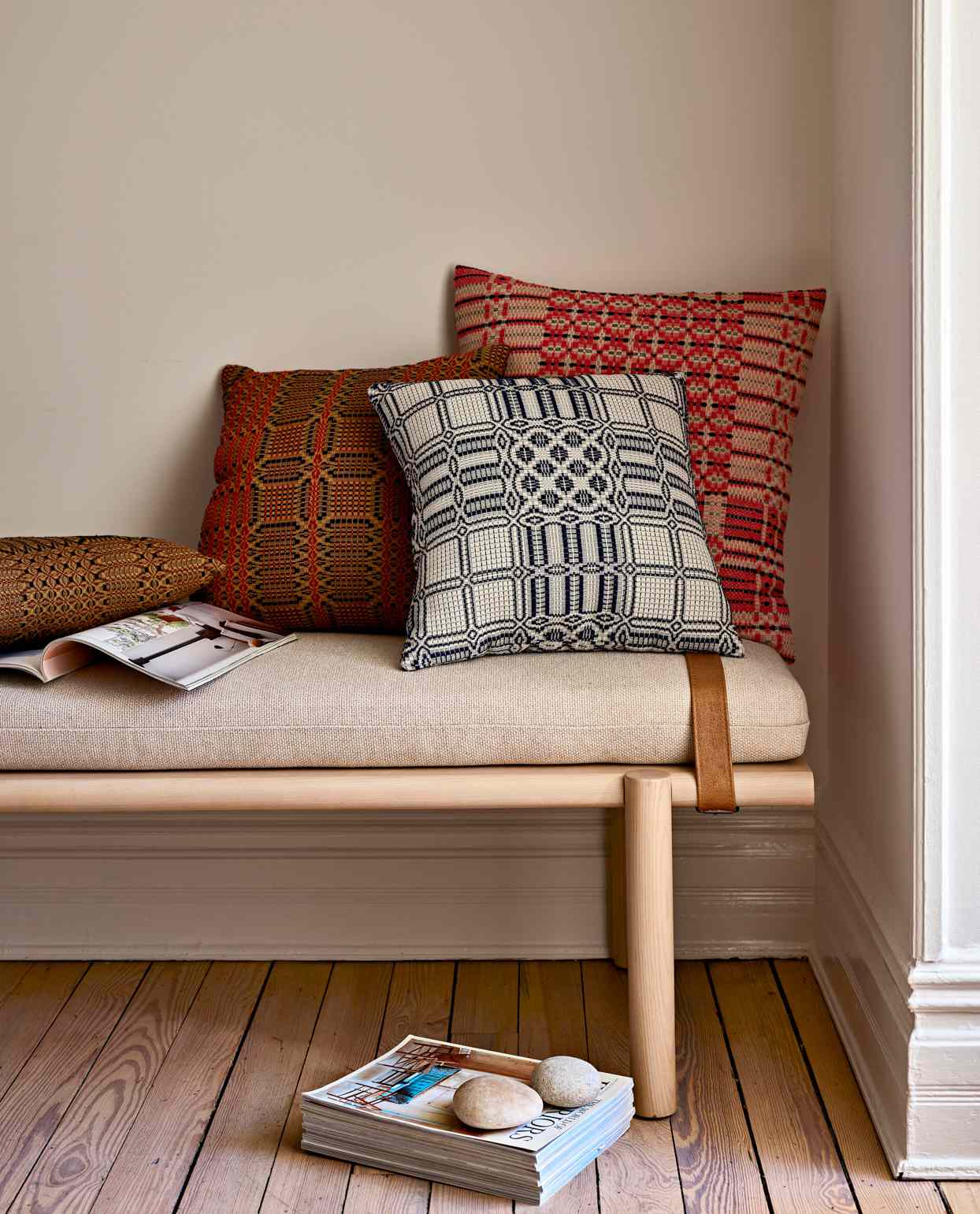 bench with decorative throw pillows