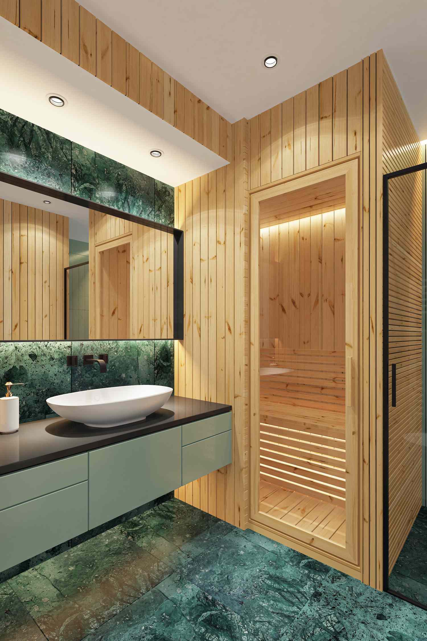 A modern bathroom with a wooden inhome sauna and a basin on a counter