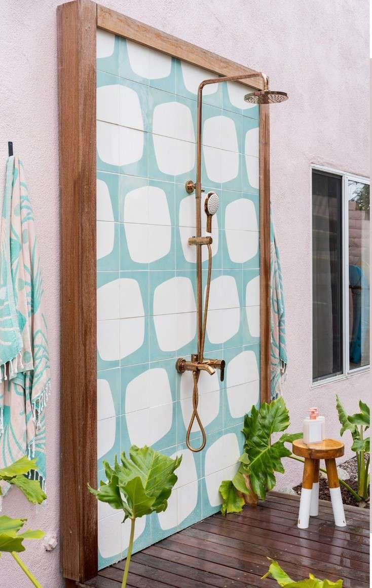 Outdoor shower with a retro, mid-century vibe.