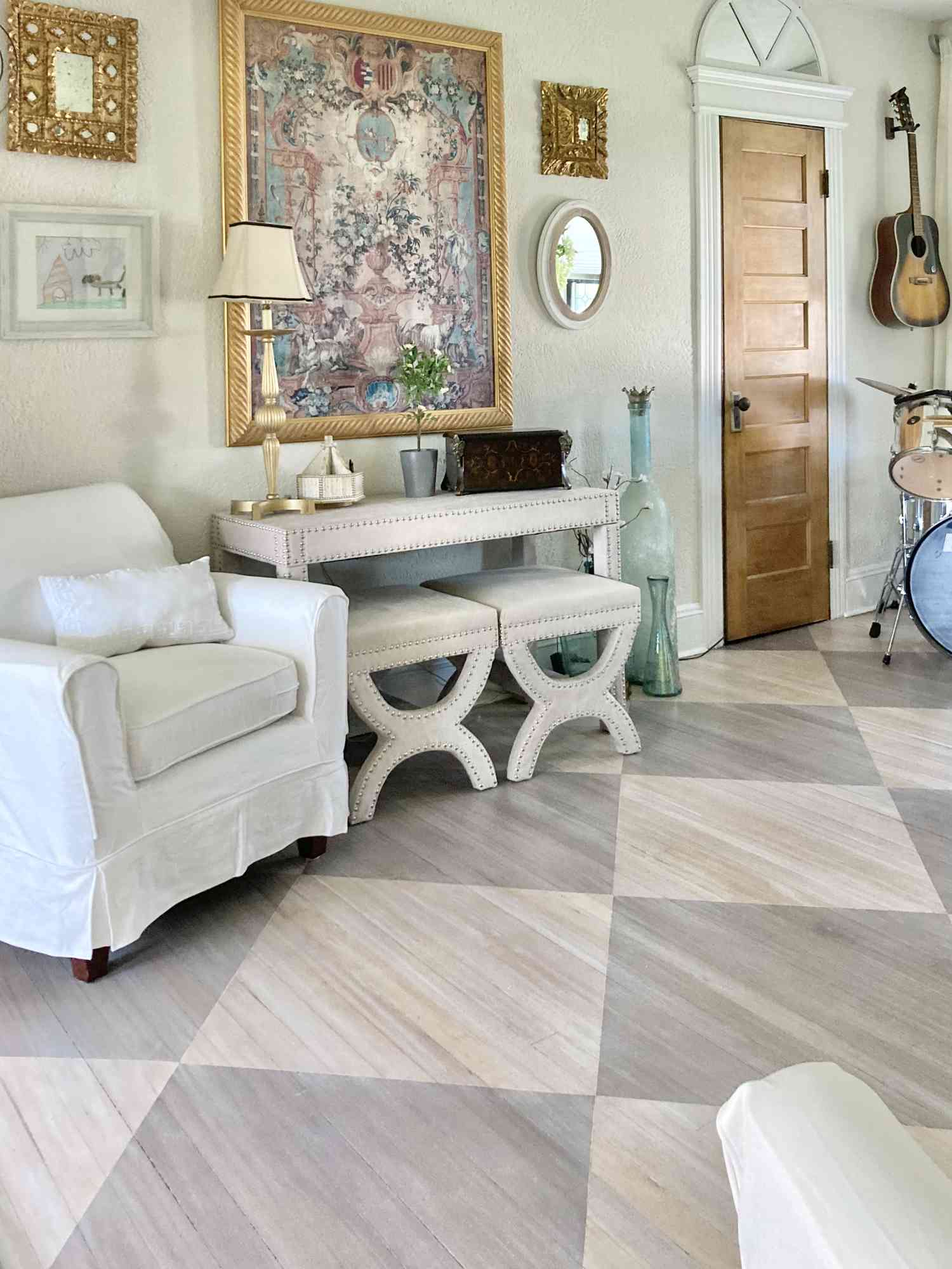 gray and cream checkerboard painted floors