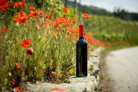 A bottle of wine on a stone wall next to a field with poppy flowers