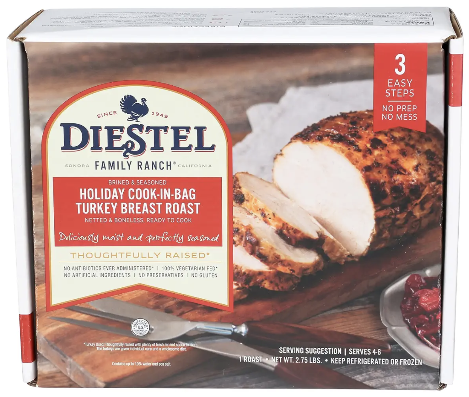 Packaged turkey roast from Diestel Family Ranch featuring a cooked turkey breast in the image