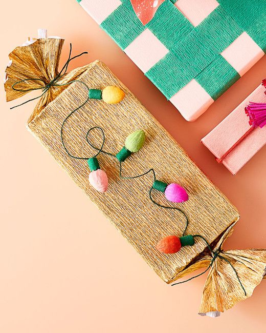 crepe paper string lights for gift wrapping