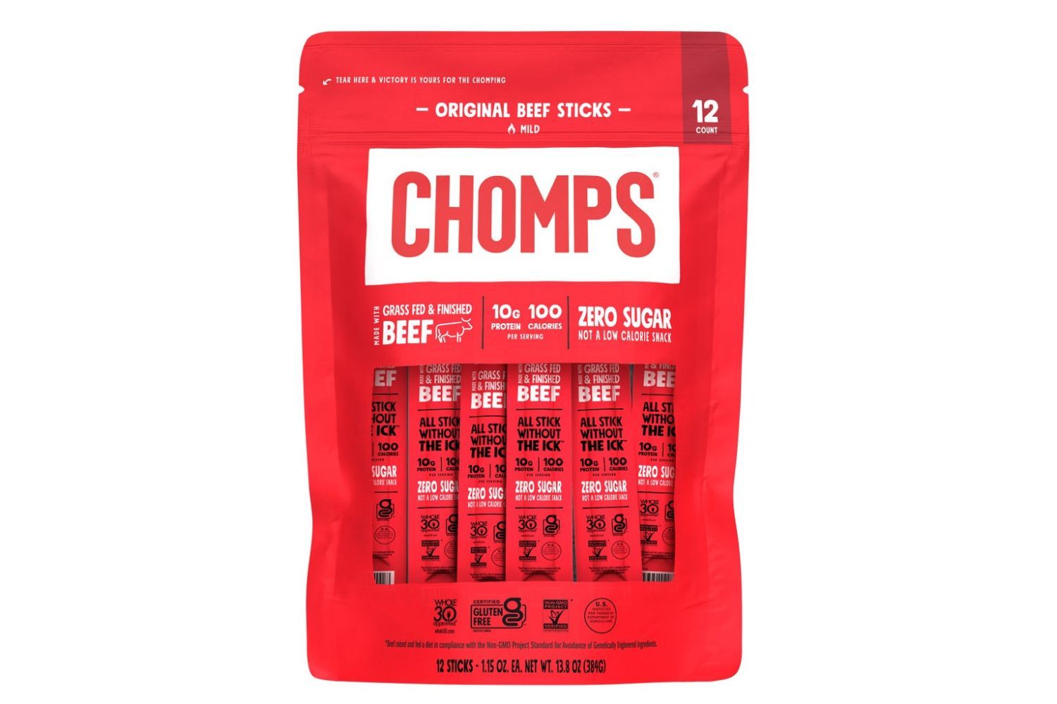 Package of Chomps beef sticks labeled as original beef flavor with zero sugar and 10g protein per stick