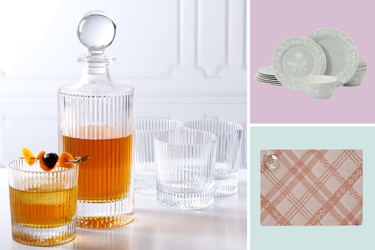 A collection of glassware dishware and a patterned placemat displayed in a collage format