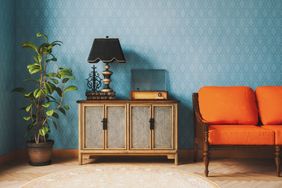 Retro living room with stylish furniture and vintage accessories.
