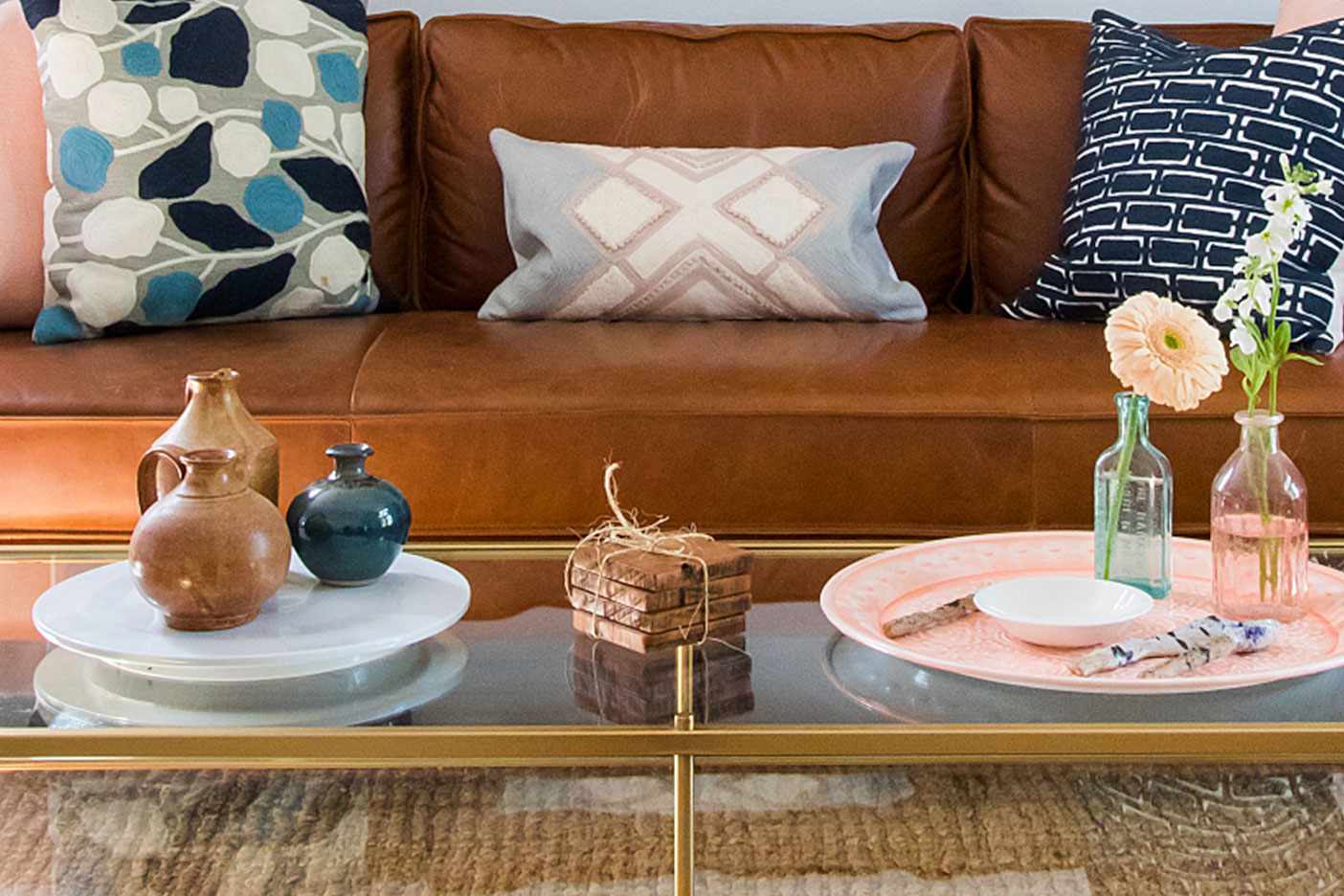 Coffee table with coasters and flowers