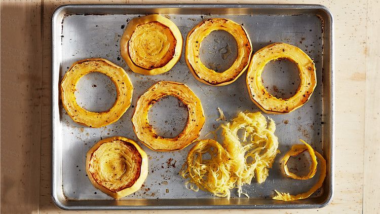 roasted spaghetti squash rings on pan