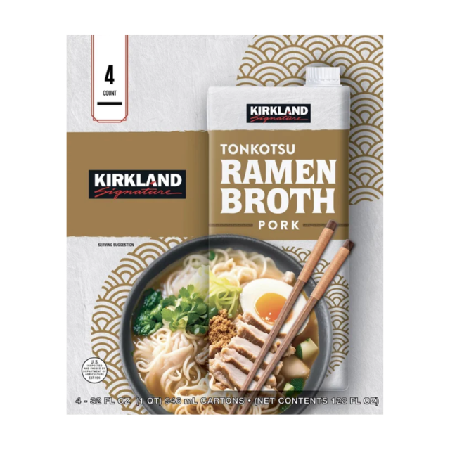 Kirkland Signature Tonkotsu Ramen Broth packaging with an image of a prepared bowl of ramen and chopsticks