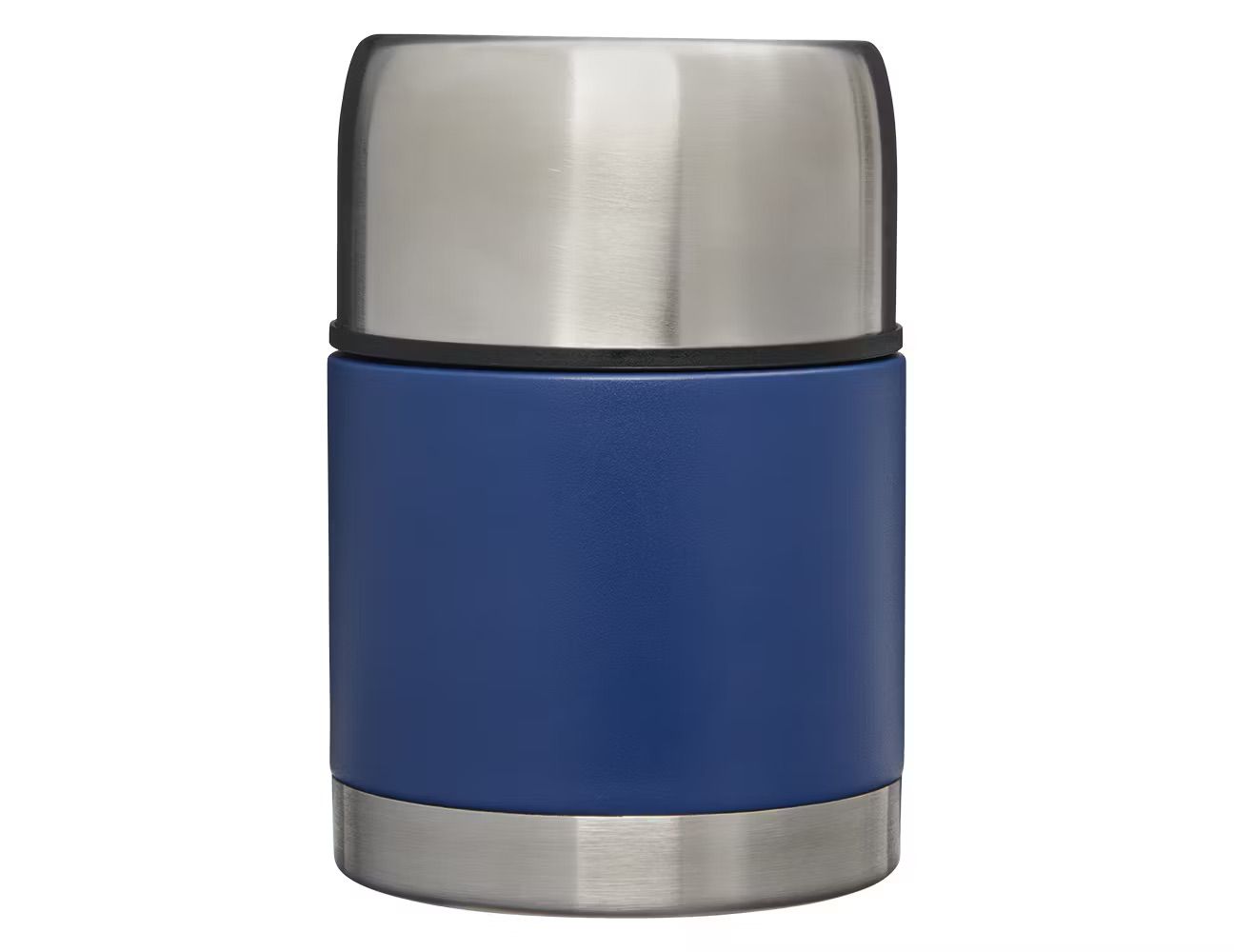 A stainless steel thermos with a blue exterior