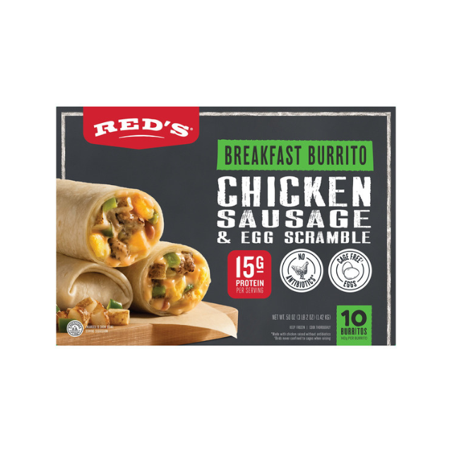 Package of Reds chicken sausage and egg scramble breakfast burrito