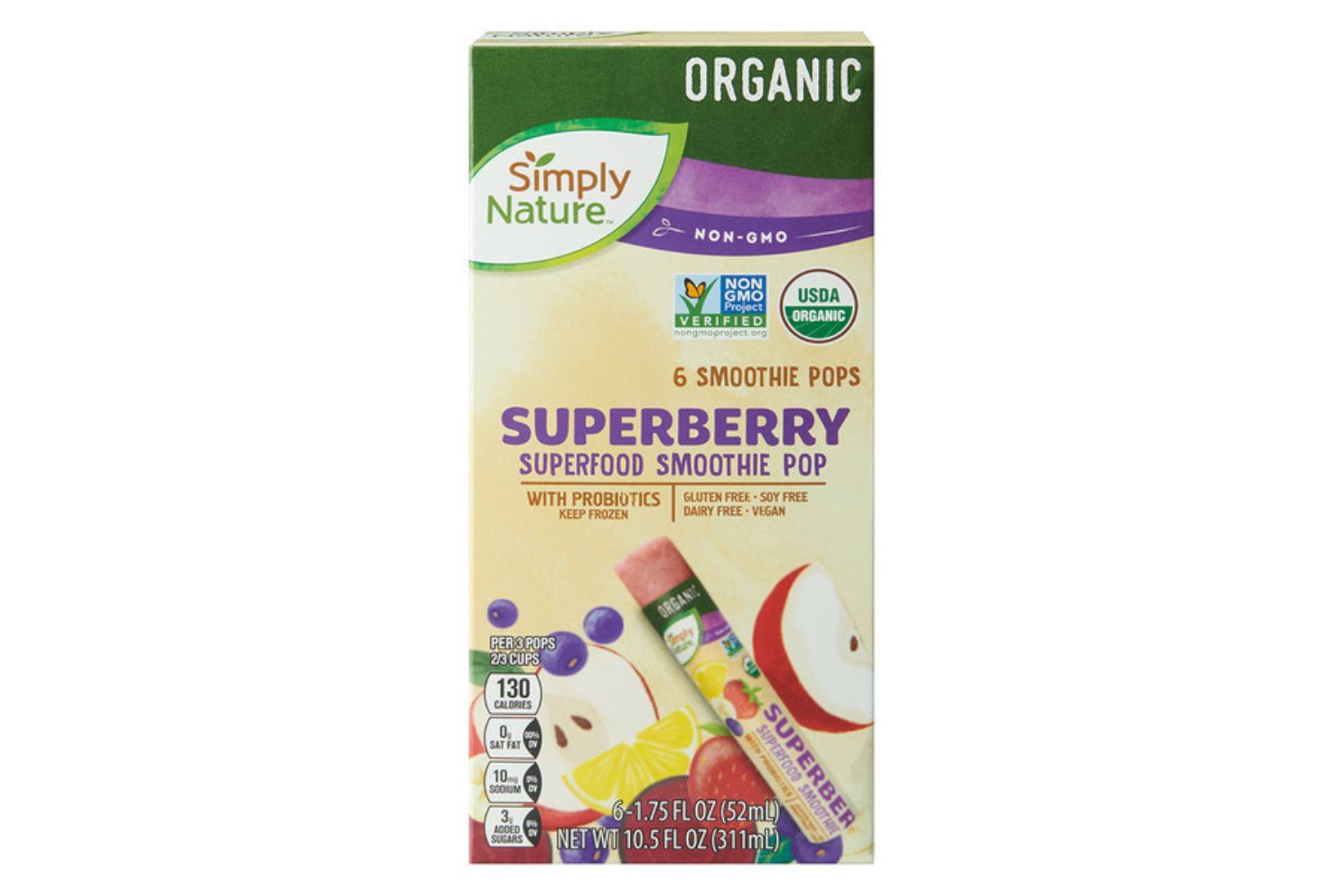 Packaging for Simply Nature organic Superberry smoothie pops with images of fruit and the product shown on the front