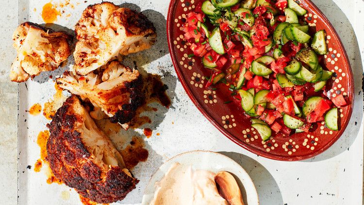 grilled cauliflower with spiced yogurt sauce