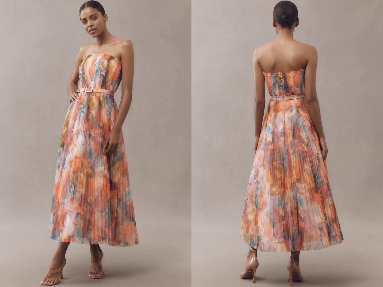 A model showcasing a strapless dress with a pleated skirt shown from the front and back view