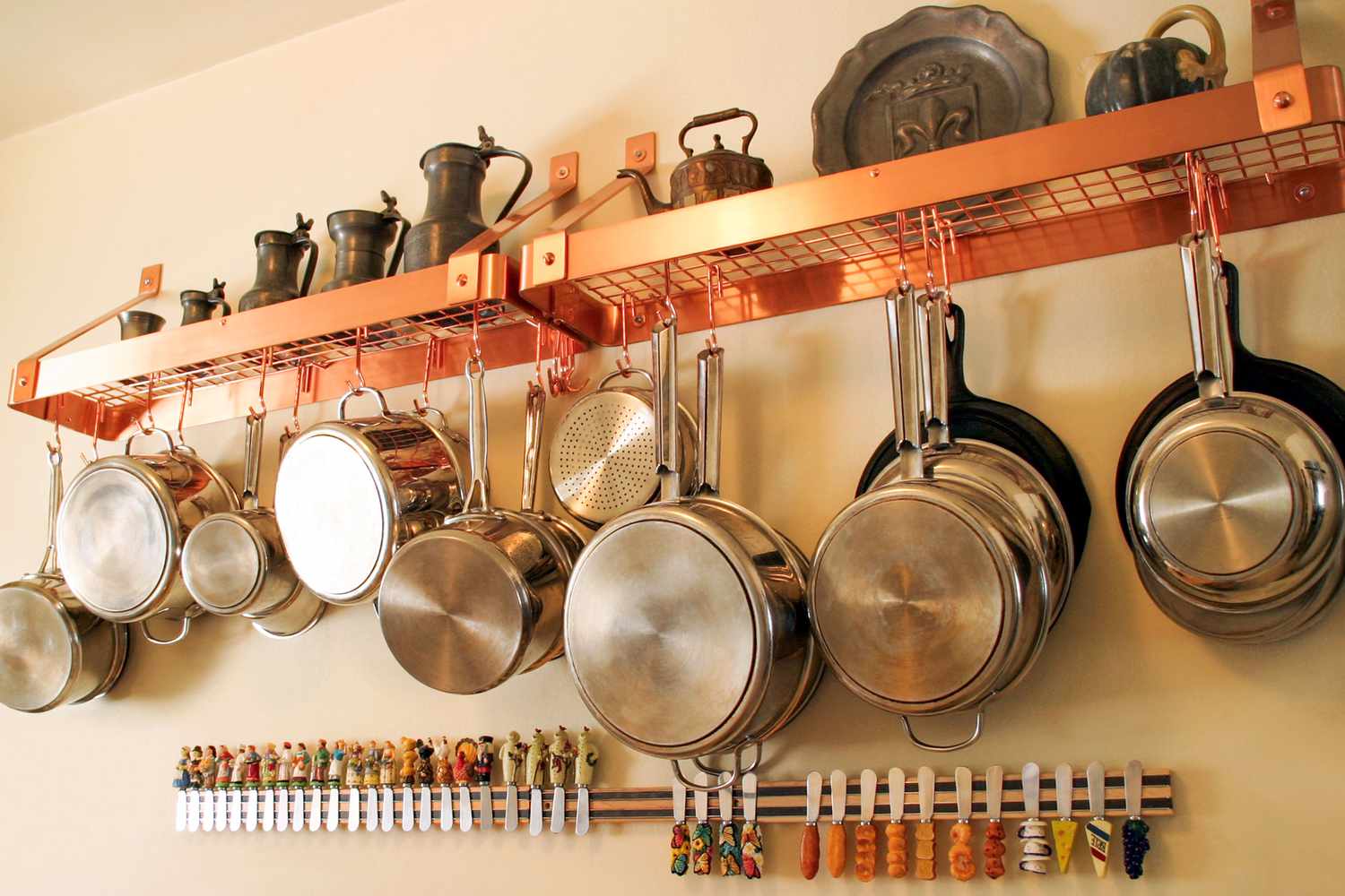 Pots hanging on rack