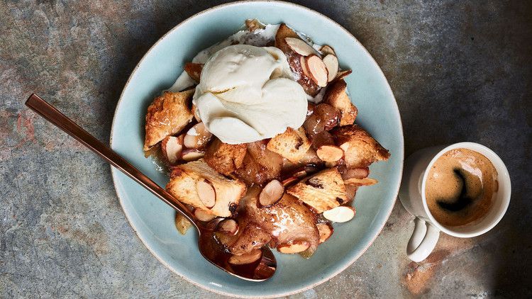 raisin-challah apple betty served with vanilla ice cream