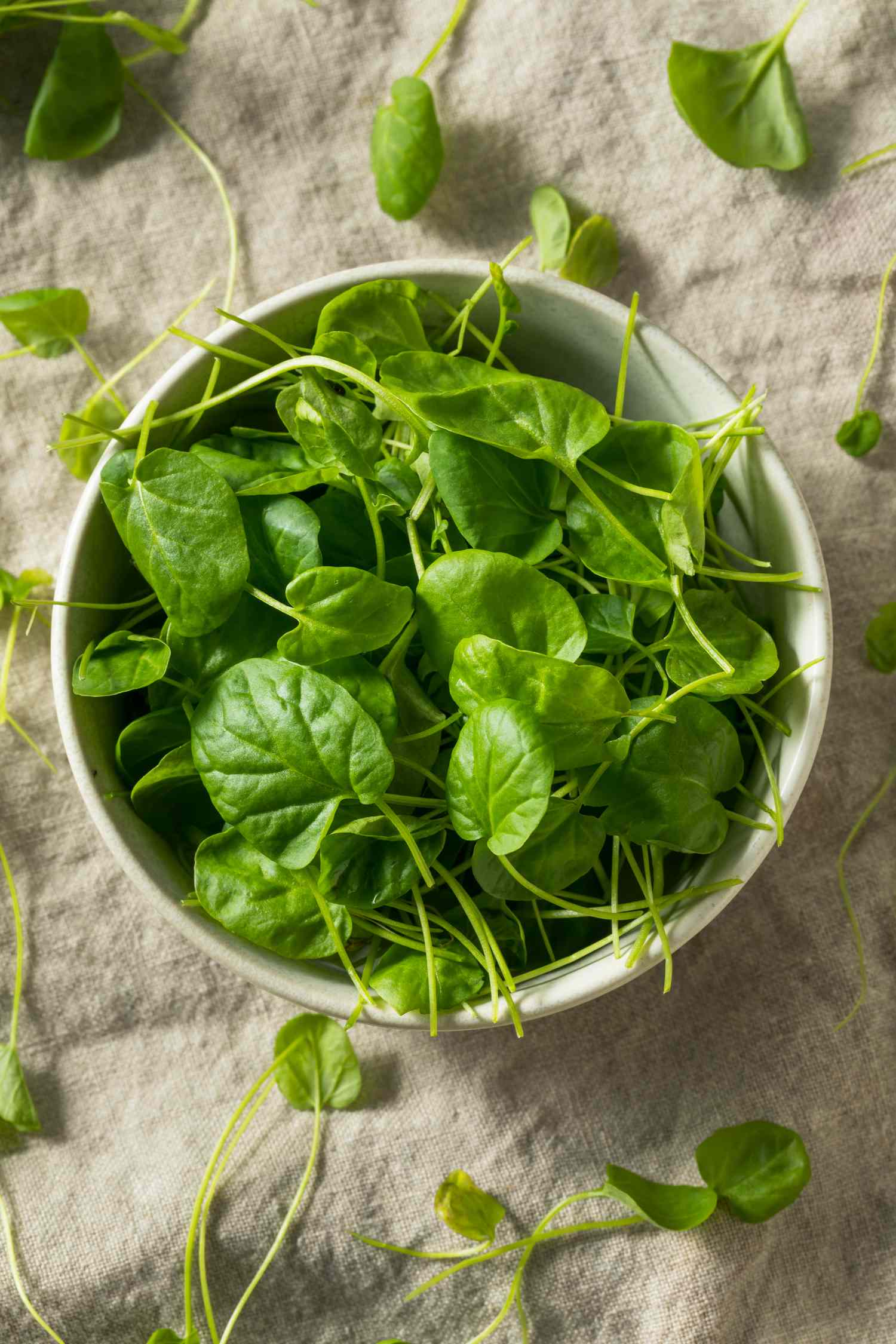 watercress leaves in white bowl and on natural linen cloth