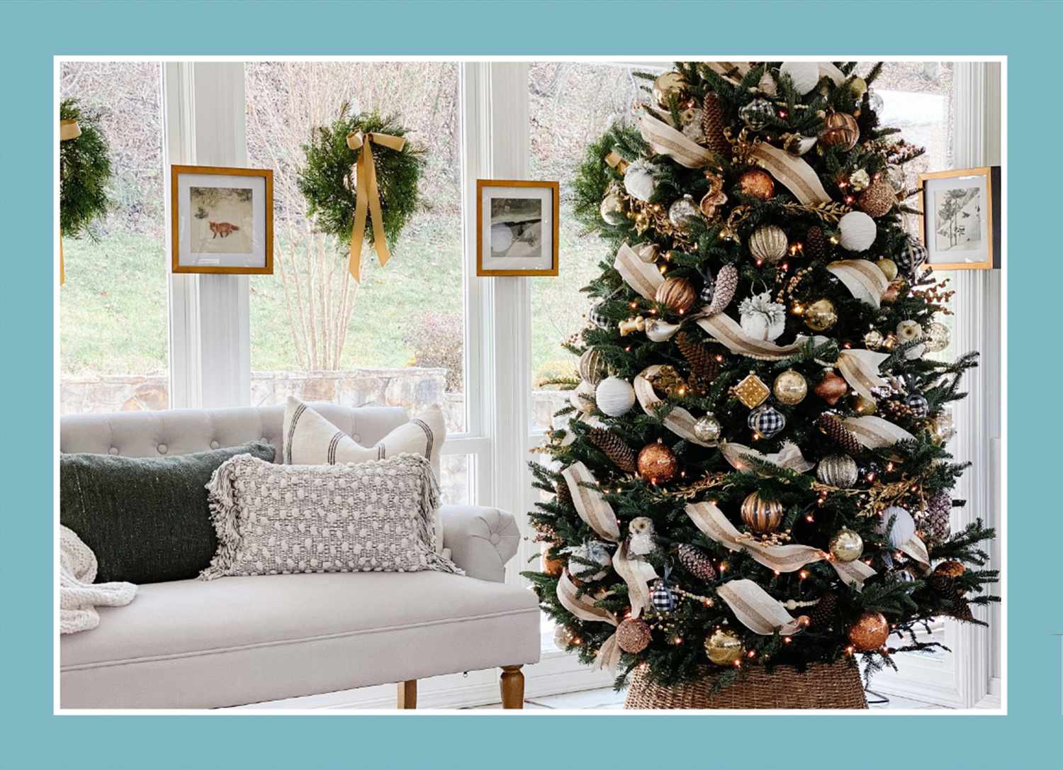 christmas tree and white sofa with teal border