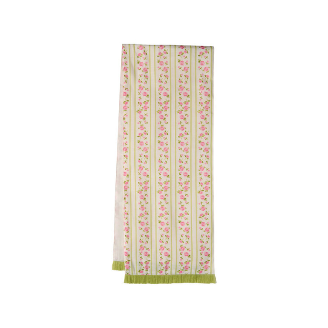 A patterned scarf featuring vertical stripes and small floral designs
